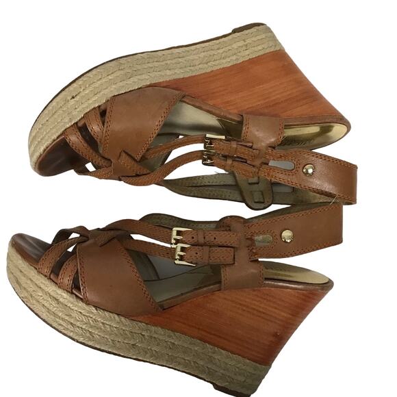 Michael Kors Keli Wedge Leather Espadrille Crossover Heel Sandal Brown Tan 8.5 - Picture 3 of 12